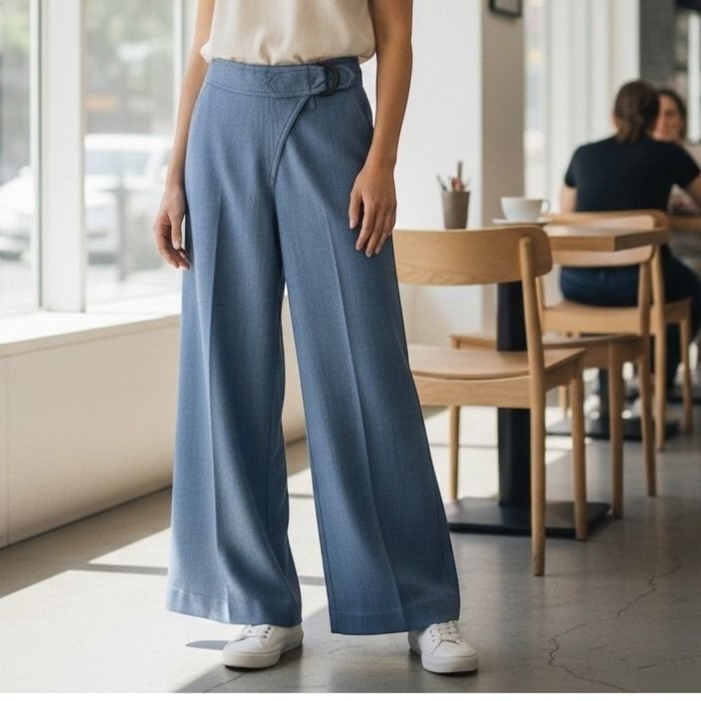 Anthropologie Elevenses Wide Leg Pants Womens 4 Blue Linen Blend Cropped 2062